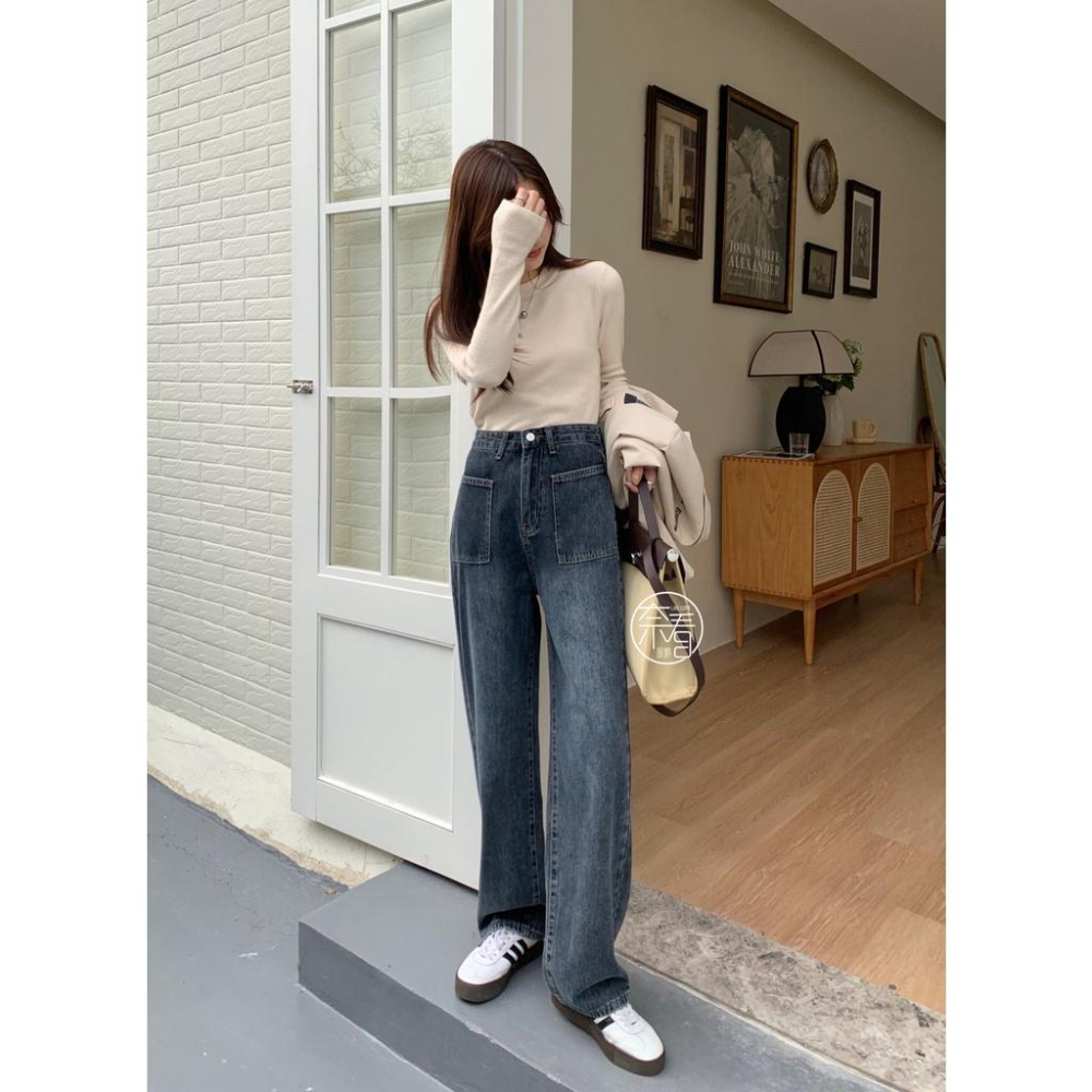 奈看服飾/現貨 完美刷色!好看灰藍調剪裁設計口袋落地寬鬆牛仔褲 單寧牛仔-細節圖2