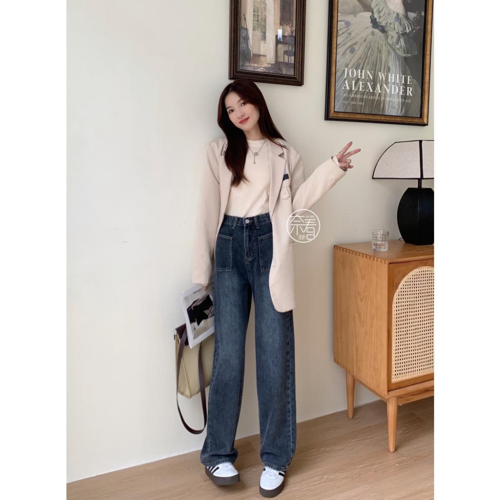 奈看服飾/現貨 完美刷色!好看灰藍調剪裁設計口袋落地寬鬆牛仔褲 單寧牛仔-細節圖3