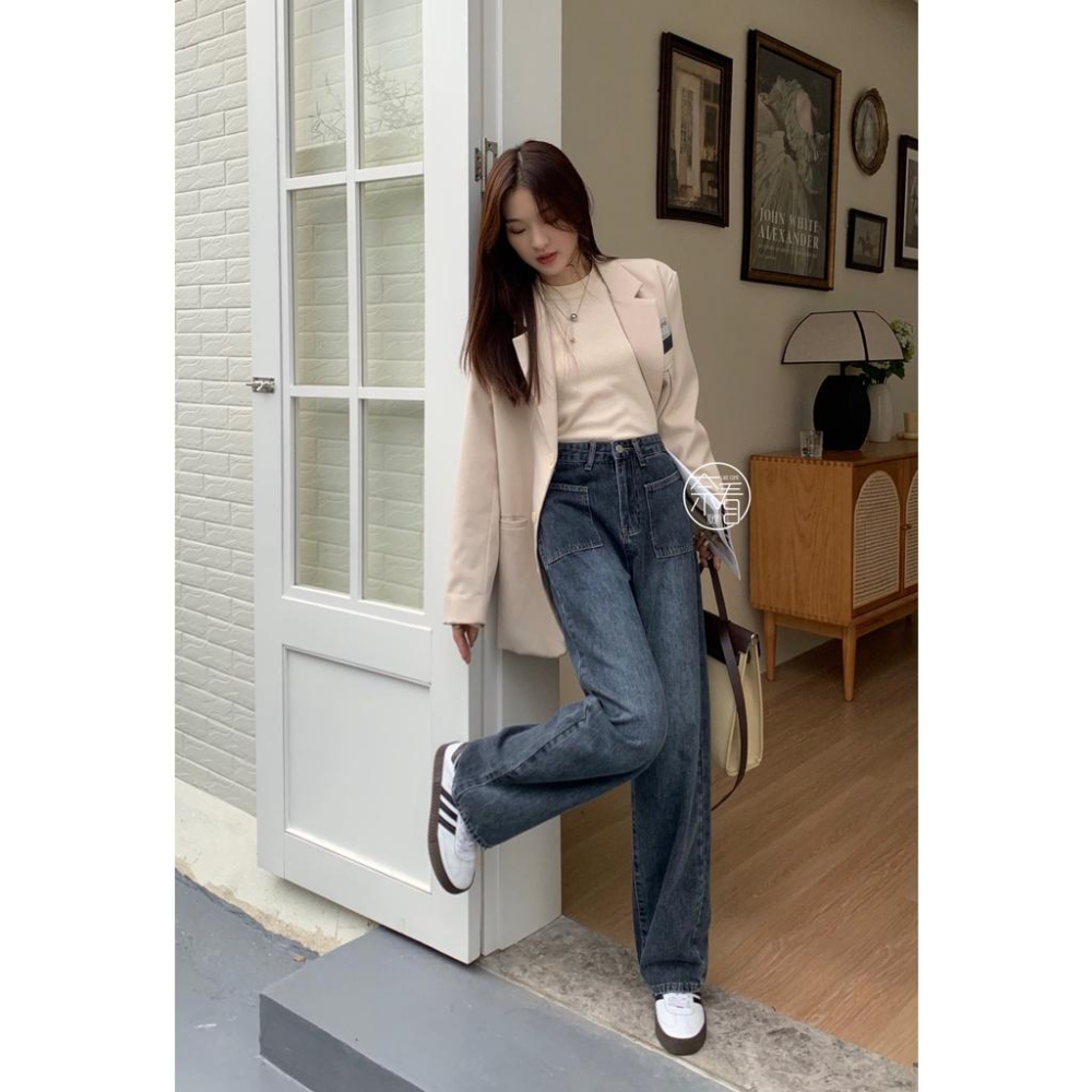 奈看服飾/現貨 完美刷色!好看灰藍調剪裁設計口袋落地寬鬆牛仔褲 單寧牛仔-細節圖4