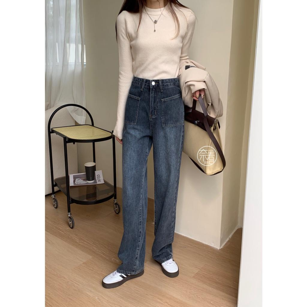 奈看服飾/現貨 完美刷色!好看灰藍調剪裁設計口袋落地寬鬆牛仔褲 單寧牛仔-細節圖5