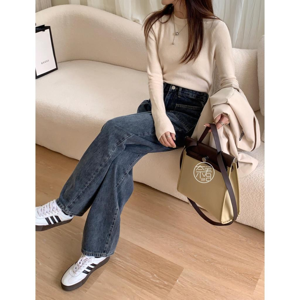 奈看服飾/現貨 完美刷色!好看灰藍調剪裁設計口袋落地寬鬆牛仔褲 單寧牛仔-細節圖6