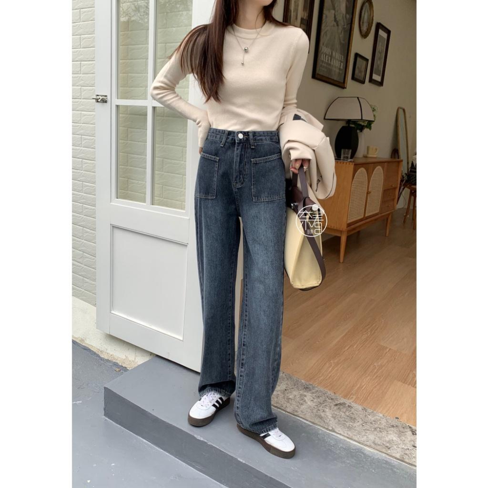 奈看服飾/現貨 完美刷色!好看灰藍調剪裁設計口袋落地寬鬆牛仔褲 單寧牛仔-細節圖7