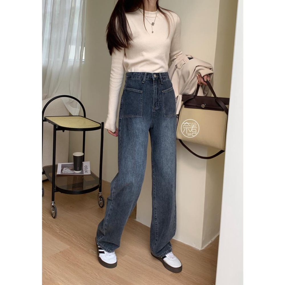 奈看服飾/現貨 完美刷色!好看灰藍調剪裁設計口袋落地寬鬆牛仔褲 單寧牛仔-細節圖8