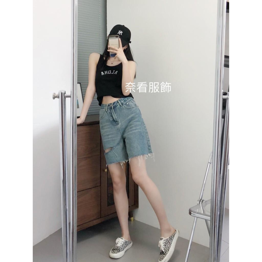 奈看實拍/高級霜藍色 舒服98%棉 顯腿膝上牛仔短褲 毛邊褲腳牛仔褲-細節圖3