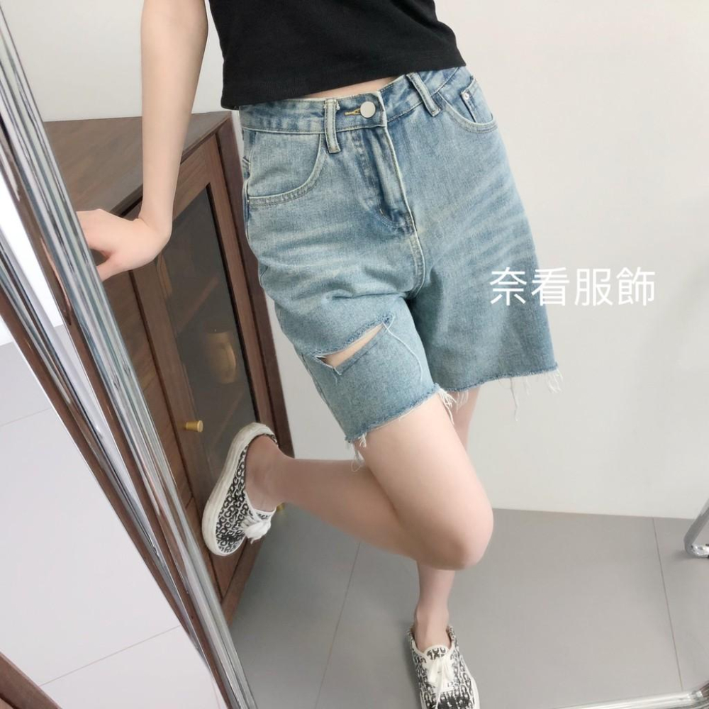 奈看實拍/高級霜藍色 舒服98%棉 顯腿膝上牛仔短褲 毛邊褲腳牛仔褲-細節圖4