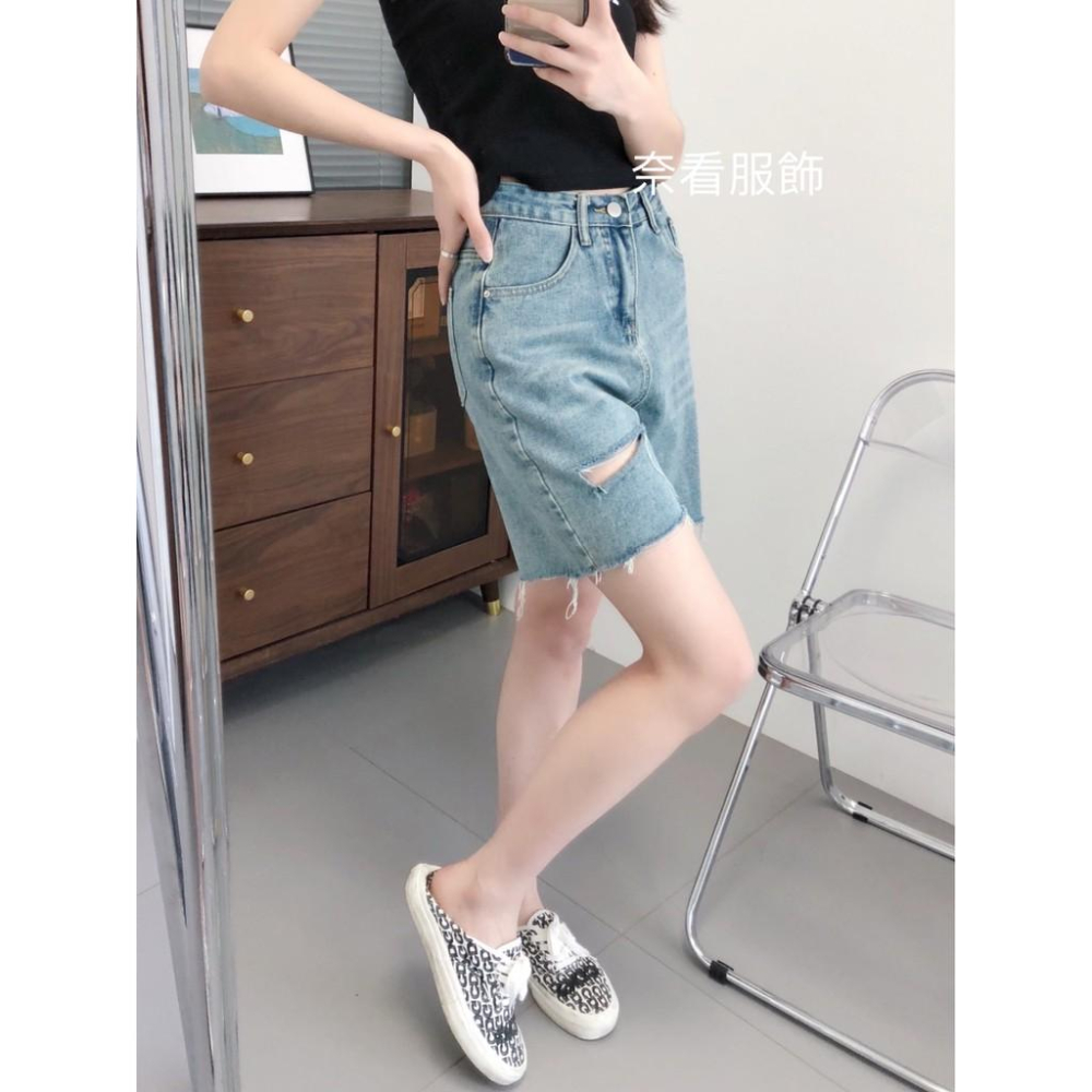 奈看實拍/高級霜藍色 舒服98%棉 顯腿膝上牛仔短褲 毛邊褲腳牛仔褲-細節圖6