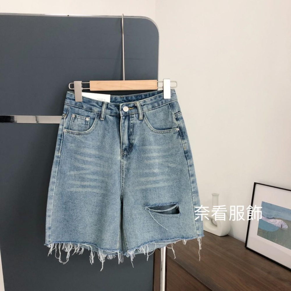 奈看實拍/高級霜藍色 舒服98%棉 顯腿膝上牛仔短褲 毛邊褲腳牛仔褲-細節圖7