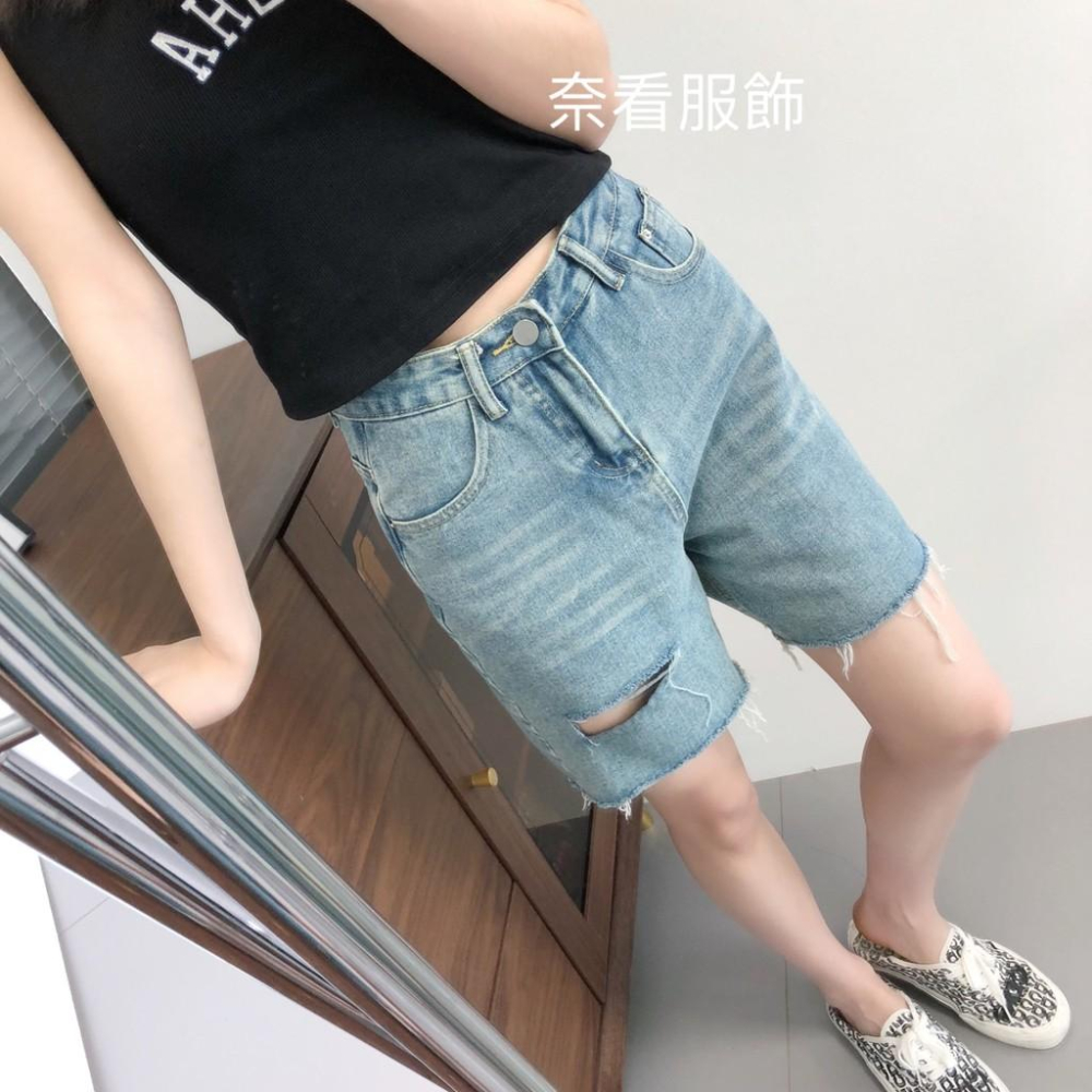 奈看實拍/高級霜藍色 舒服98%棉 顯腿膝上牛仔短褲 毛邊褲腳牛仔褲-細節圖8