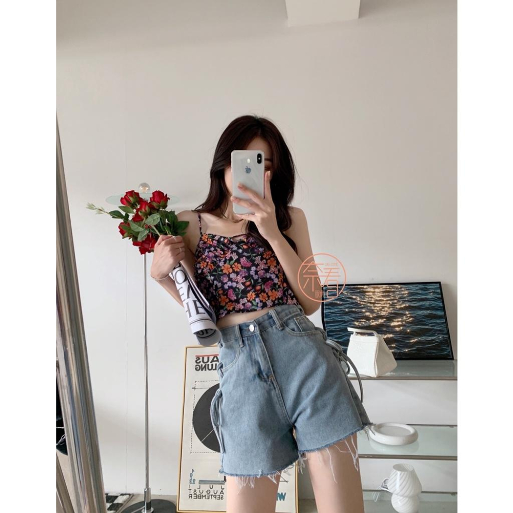 奈看服飾/快速出~甜美側系帶不瑣邊高腰洗水色牛仔褲 棉質牛仔短褲/熱褲-細節圖2