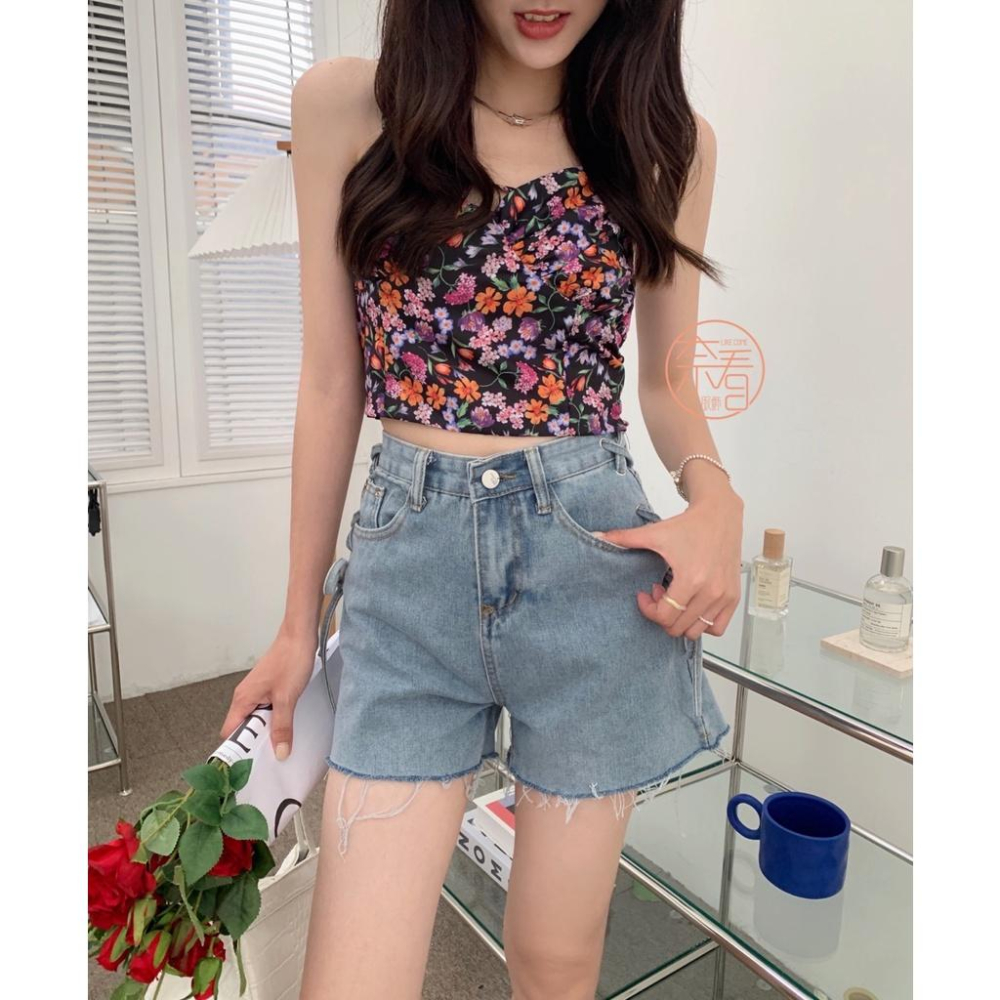 奈看服飾/快速出~甜美側系帶不瑣邊高腰洗水色牛仔褲 棉質牛仔短褲/熱褲-細節圖3