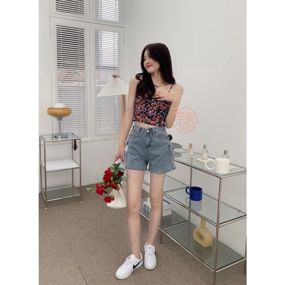 奈看服飾/快速出~甜美側系帶不瑣邊高腰洗水色牛仔褲 棉質牛仔短褲/熱褲-細節圖4