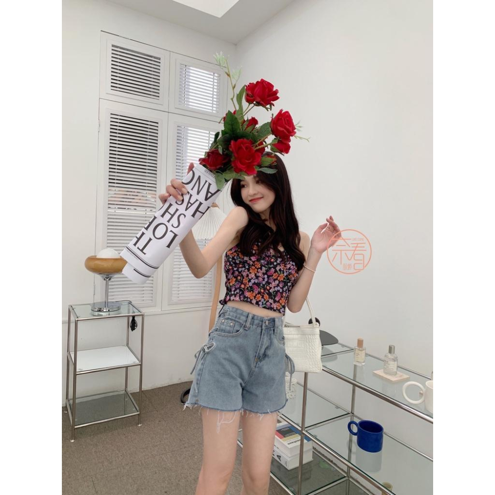 奈看服飾/快速出~甜美側系帶不瑣邊高腰洗水色牛仔褲 棉質牛仔短褲/熱褲-細節圖5