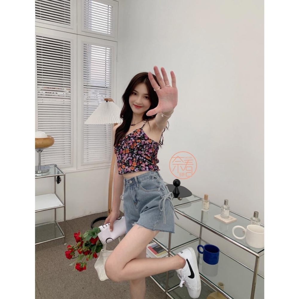 奈看服飾/快速出~甜美側系帶不瑣邊高腰洗水色牛仔褲 棉質牛仔短褲/熱褲-細節圖7