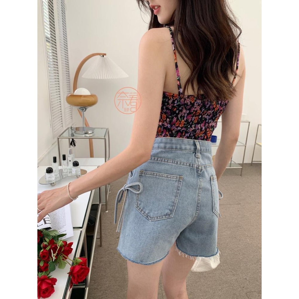 奈看服飾/快速出~甜美側系帶不瑣邊高腰洗水色牛仔褲 棉質牛仔短褲/熱褲-細節圖9