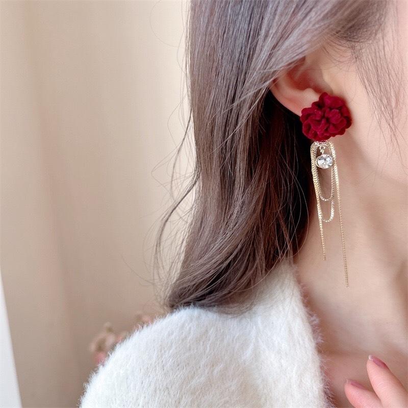 《真愛鍊Cherish》超美耳環植絨紅花造型  銀針耳環 耳針S925銀針韓版韓式精美做工-細節圖3