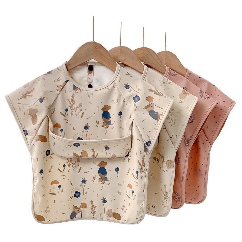 短袖圍兜 圍兜 防水圍兜 短袖圍兜-米白恐龍 吃飯圍兜 圍兜兜吃飯寶寶 寶寶吃飯圍兜 兒童圍兜 BLＷ 整件防水 耐髒-細節圖2