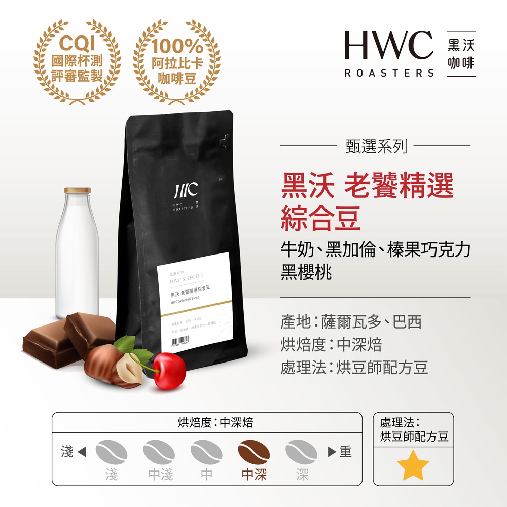 【HWC 黑沃咖啡】甄選系列-咖啡豆-一磅454g x 3包(黑沃 老饕精選綜合豆)-細節圖2