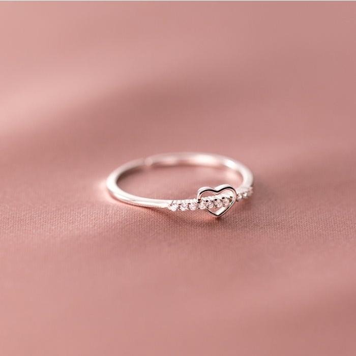 韓系戒指【愛心鑲鑽】水晶戒指 愛心 純銀戒指 女戒 水鑽戒指 愛心戒指 氣質 戒指可調式 銀尾戒指 開口戒指 平價戒指-細節圖2