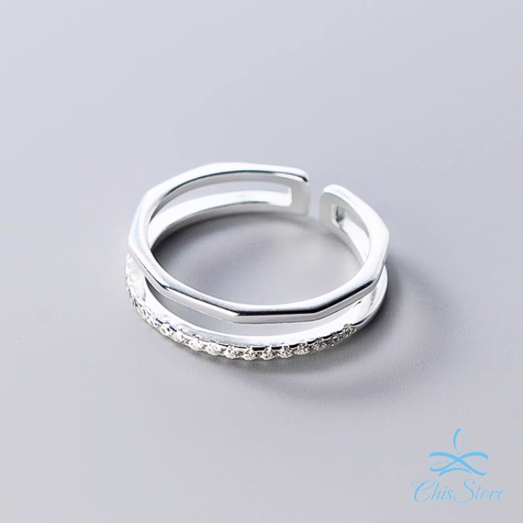 CHISSTORE 銀飾 韓國 雙層 排鑽 水鑽 鑲鑽戒指 鏤空 玫瑰金 開口戒指 女 防過敏戒指 S925 純銀戒指-細節圖7