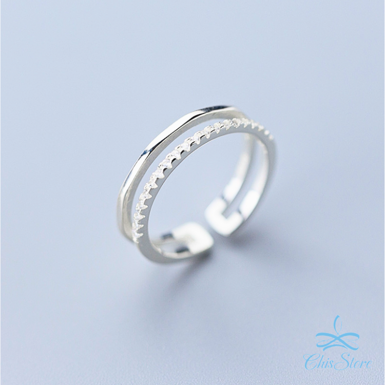 CHISSTORE 銀飾 韓國 雙層 排鑽 水鑽 鑲鑽戒指 鏤空 玫瑰金 開口戒指 女 防過敏戒指 S925 純銀戒指-規格圖7