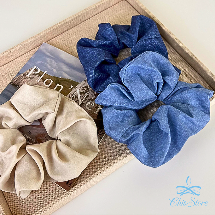 CHISSTORE【牛仔藍髮圈】韓 簡約 牛仔大腸髮圈 綁頭髮 綁髮圈 髮束 彈性 造型 可愛 丸子頭 馬尾髮圈 髮飾-細節圖2