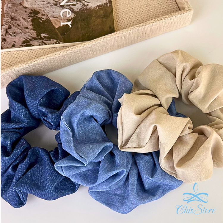 CHISSTORE【牛仔藍髮圈】韓 簡約 牛仔大腸髮圈 綁頭髮 綁髮圈 髮束 彈性 造型 可愛 丸子頭 馬尾髮圈 髮飾-細節圖3