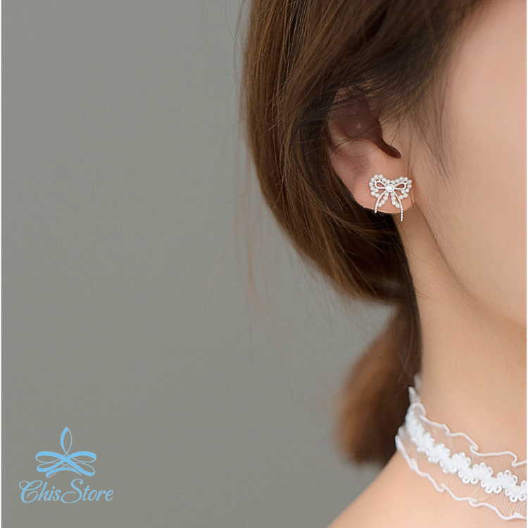CHISSTORE 韓國耳環 鏤空珍珠耳環 蝴蝶結耳環 氣質 打結耳環 迷你 貼耳 防過敏耳環 S925純銀耳環 耳釘-細節圖2