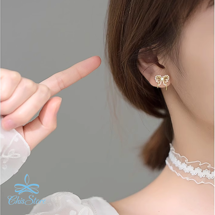 CHISSTORE 韓國耳環 鏤空珍珠耳環 蝴蝶結耳環 氣質 打結耳環 迷你 貼耳 防過敏耳環 S925純銀耳環 耳釘-細節圖5
