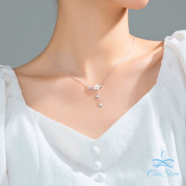 CHISSTORE【花瓣小鑽】韓國 鑲鑽 水鑽 氣質 貝殼花朵 短 花瓣 墜式 抗過敏 鎖骨鍊 S925純銀項鍊 項鏈-細節圖2