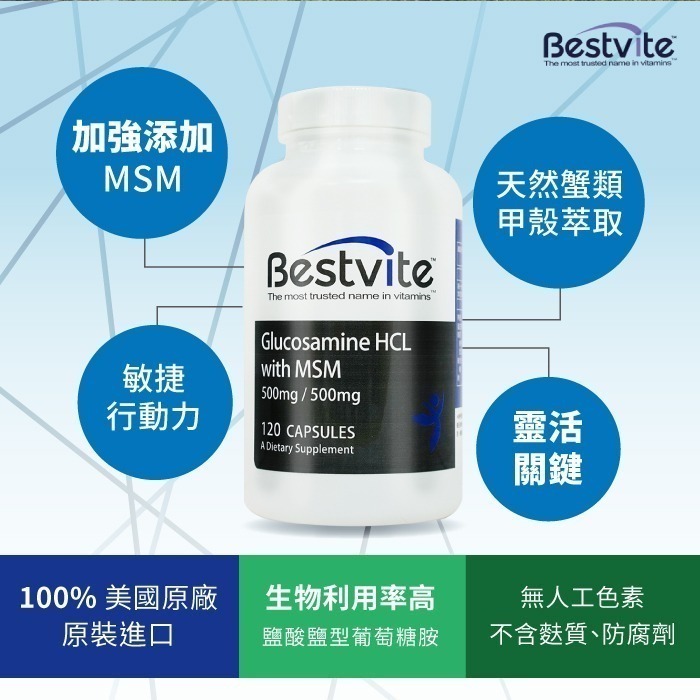 【美國Bestvite】必賜力葡萄糖胺+MSM膠囊(120顆/瓶)-細節圖4