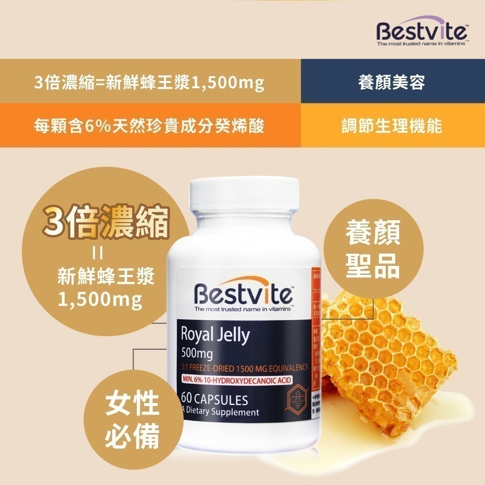 [買1送1] 即期品【Bestvite】必賜力高濃縮蜂王乳膠囊1瓶(60顆)500mg 蜂王乳 6%癸稀酸 10-HDA-細節圖4