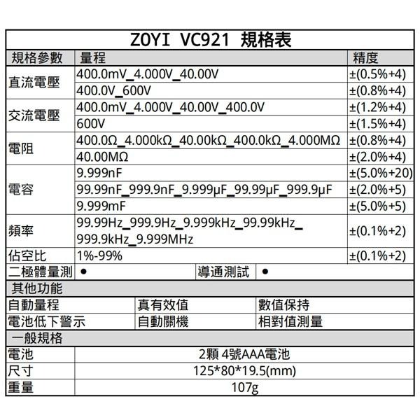 ◀電世界▶ zoyi VC921電測萬用表 數字高精防燒度 電工汽修多功能維修電容表 [913-60]-細節圖9