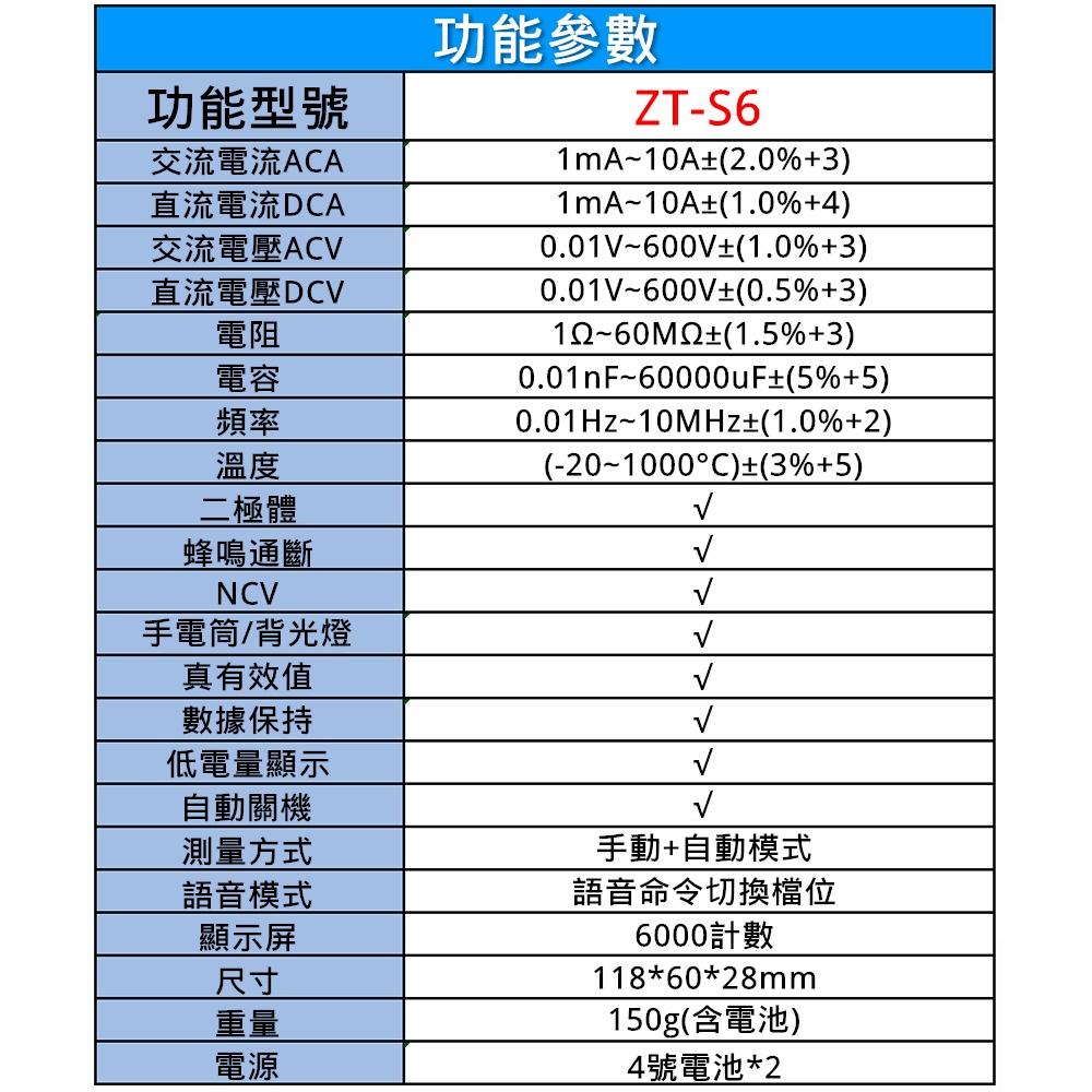 ⚡電世界⚡ZT-6S 語音換擋 智能數字 防燒電工家用 全自動 萬能表 ZOYI ZOTEK 台灣代理 [2000-75-細節圖4