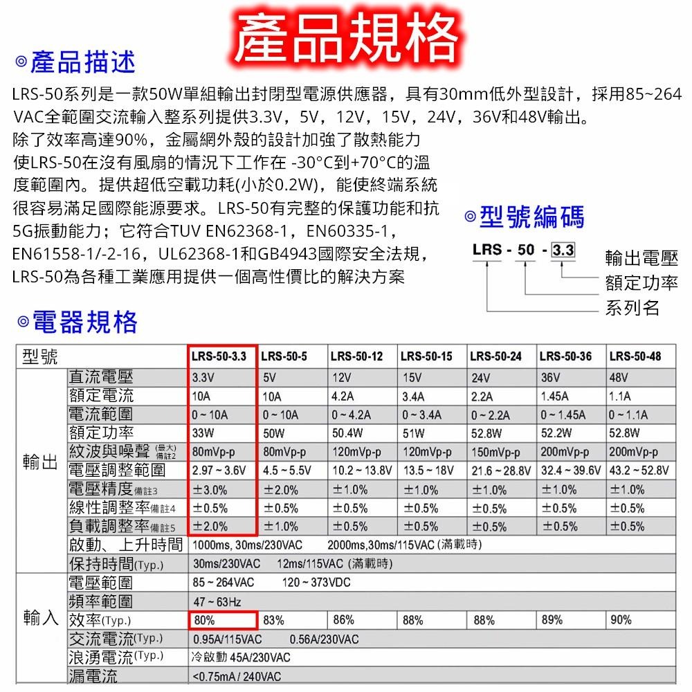 ⚡電世界⚡ MW明緯 電源供應器 開關電源 LRS-50-3.3 0.23KG [402-50-03P3]-細節圖4