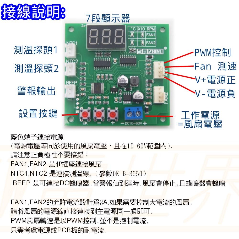 ⚡電世界⚡風扇調速器 雙路 PWM 四線 溫度控制 12V24V48V 溫度轉速顯示停轉報警 [244-51]-細節圖3