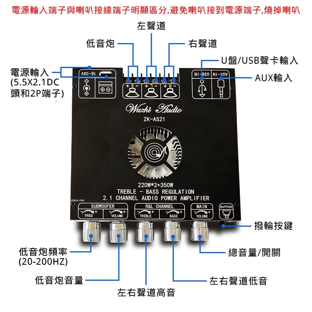 ◀️電世界▶️ ZK-AS21 2.1聲道 數字功放板模塊 音調低音炮 220W*2+350W (2000-1002-細節圖3