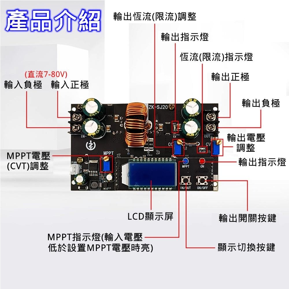 ⚡️電世界⚡️ZK-SJ20 300W 同步整流 20A 自動升降壓電源模塊 太陽能充電 MPPT [2000-1015-細節圖3