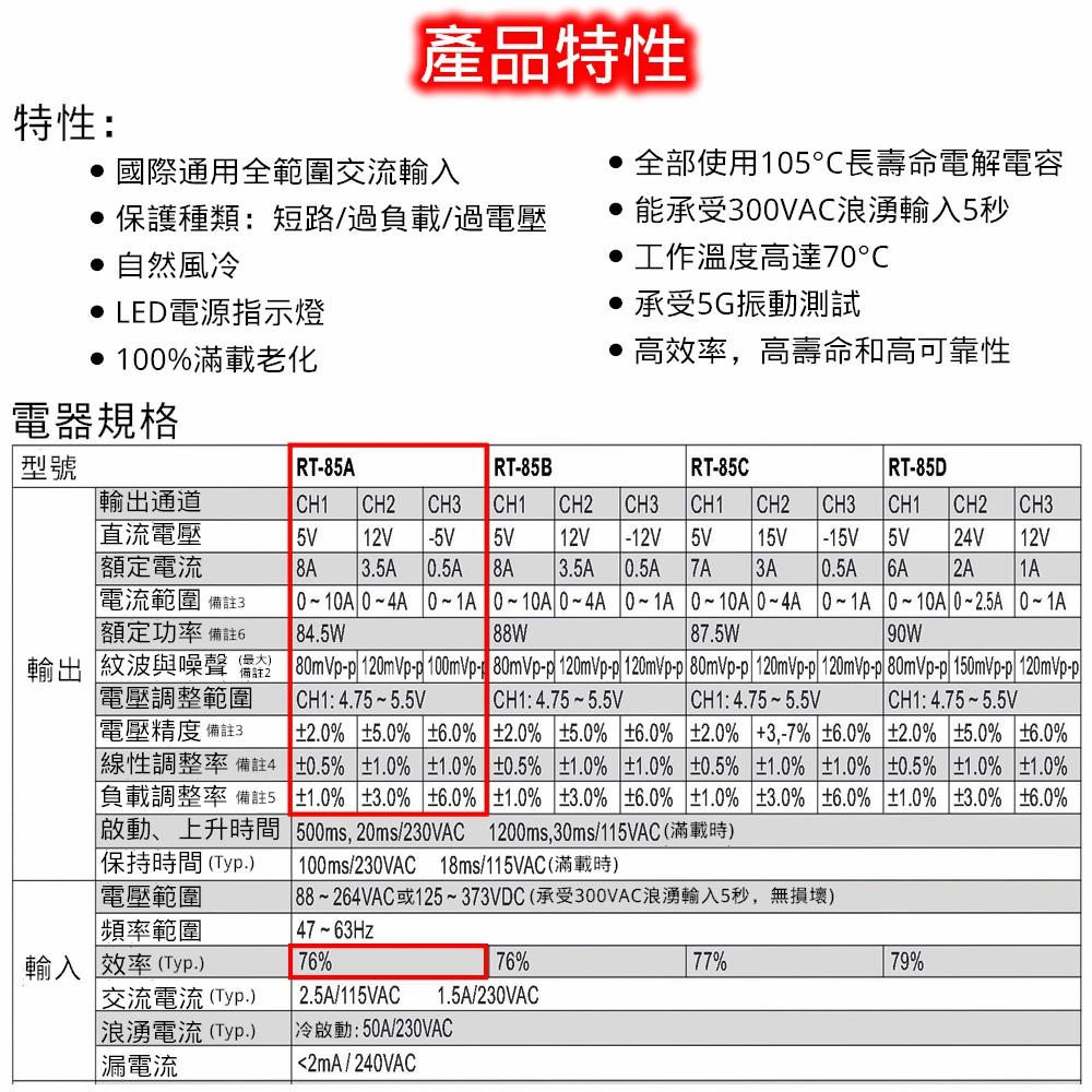 MW明緯 電源供應器 開關電源 RT-85A 0.6KG [電世界2000-818-1]-細節圖3