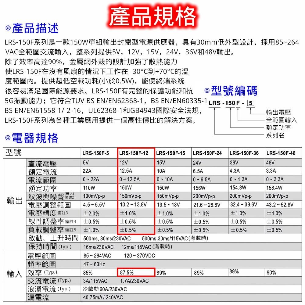 MW明緯 電源供應器 開關電源 LRS-150F-12 0.48KG [電世界 402-150F-12]-細節圖4