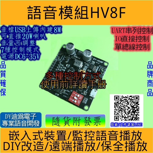 ◀️電世界▶️ 語音播放模組 工業級內建8M可推20W喇叭音量可調 3種控制7種模式 HV8F (233-31)