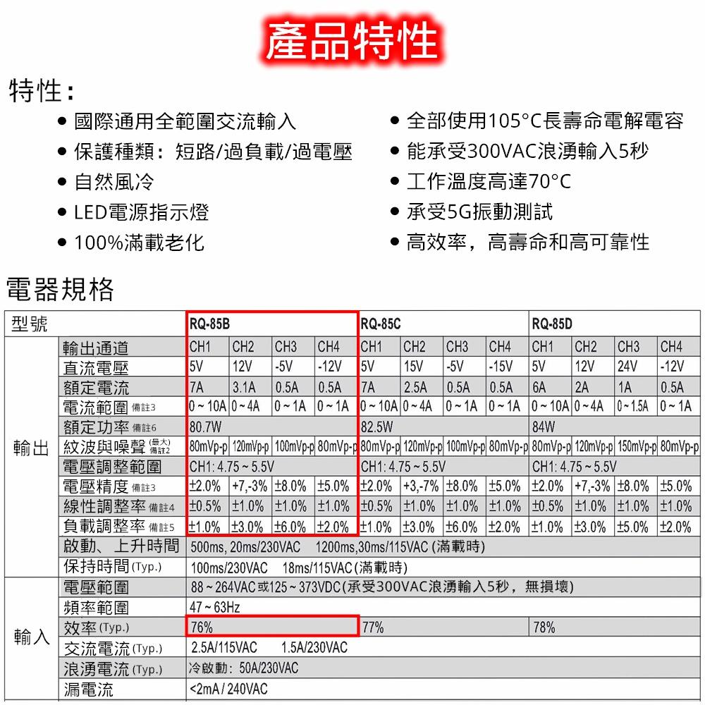 MW明緯 電源供應器 開關電源 RQ-85B 0.6KG [電世界2000-823-1]-細節圖3