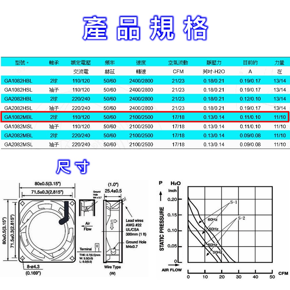 ⚡️電世界⚡️ 散熱風扇 GA1082MBT 110V 80mm 厚25 端子型 滾珠2100轉 [1286-1]-細節圖2