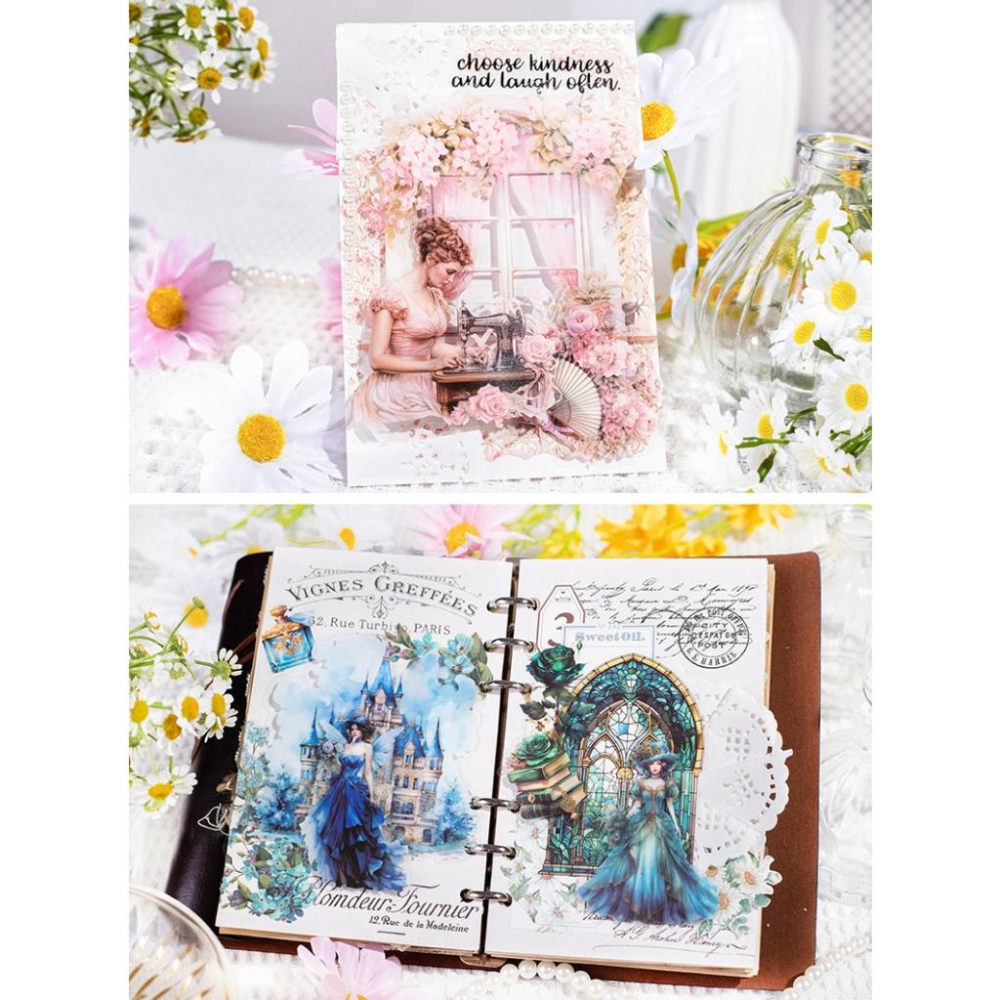 起司家🧀台灣現貨 美好的一天 園中愛麗絲 PET貼紙包 植物 人物 造景 復古素材 輕復古素材 復古手帳 手帳素材 手帳-細節圖6