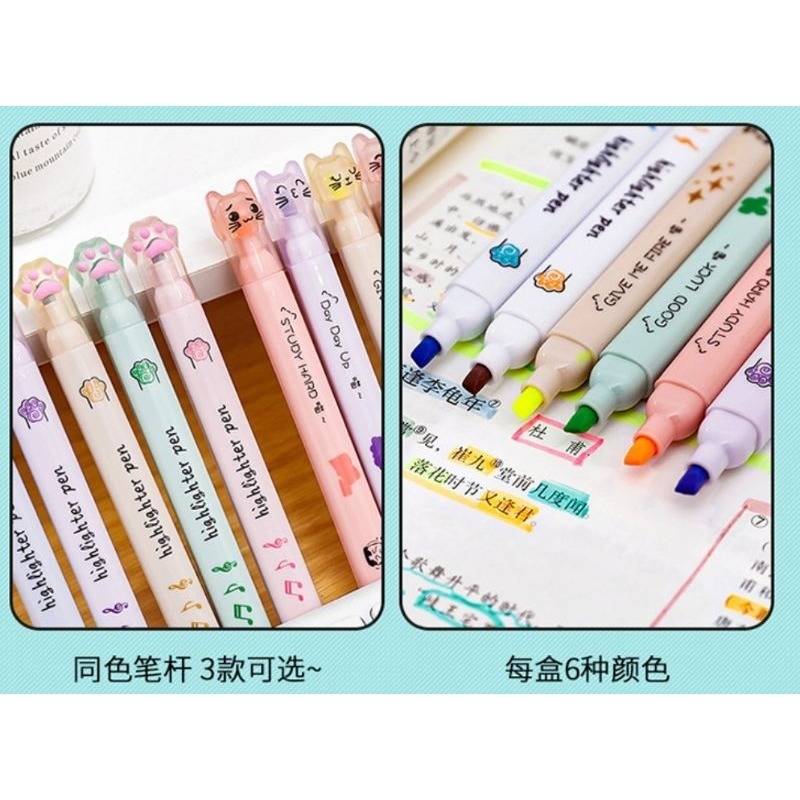 @快速出貨@卡通貓爪螢光筆學生手帳螢光筆淡色護眼螢光筆貓咪螢光筆重點筆6色螢光筆 愛寶我的世界-細節圖7