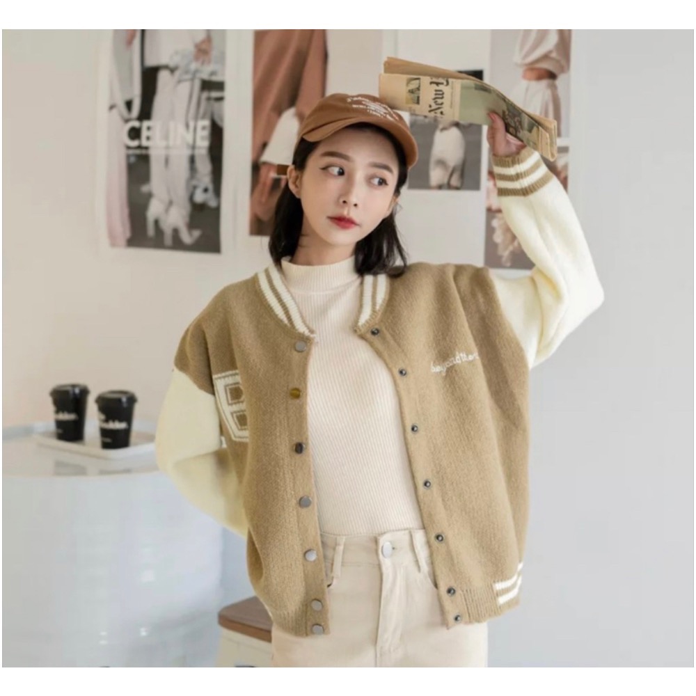 編號21 秋冬必備款撞色袖字母針織棒球外套夾克（棕色）-細節圖3