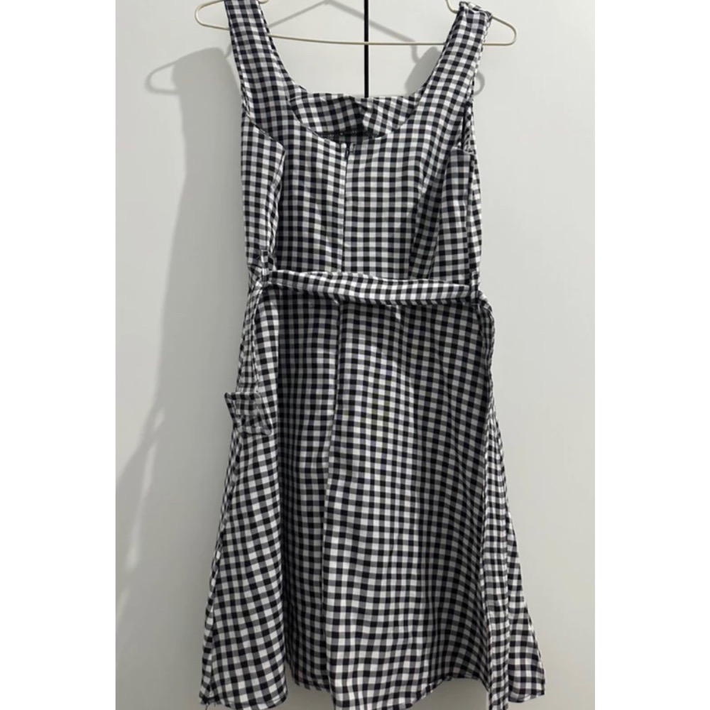 編號3 歐美性感修身格子短洋裝連身裙 休閒度假洋裝 氣質公主 黑白格紋 寬版腰帶 魚尾 吊帶洋裝-細節圖2