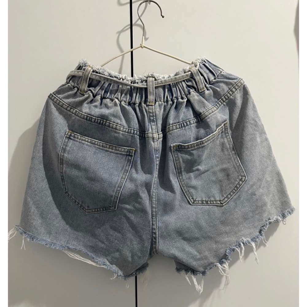 編號5仿舊款牛仔短褲 綁帶鬚鬚邊牛仔短褲 擴腿短褲 鬆緊腰綁帶短褲 超顯瘦夏天短褲 舒適百搭造型短褲 短褲 牛仔-細節圖2