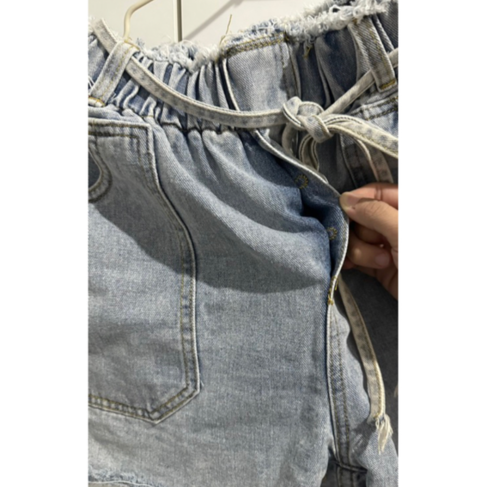 編號5仿舊款牛仔短褲 綁帶鬚鬚邊牛仔短褲 擴腿短褲 鬆緊腰綁帶短褲 超顯瘦夏天短褲 舒適百搭造型短褲 短褲 牛仔-細節圖3