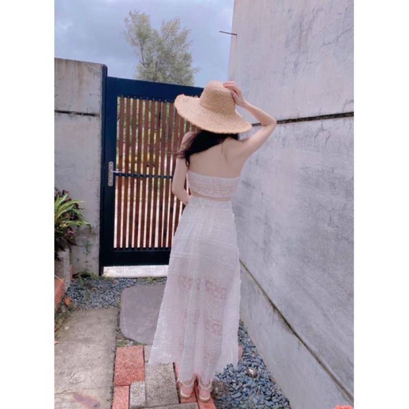 YAN女裝現貨！漫步夏日 蕾絲雕花上衣+長裙兩件套 渡假 長裙兩件套 蕾絲雕花 沙灘洋裝 度假洋裝 蕾絲套裝-細節圖4