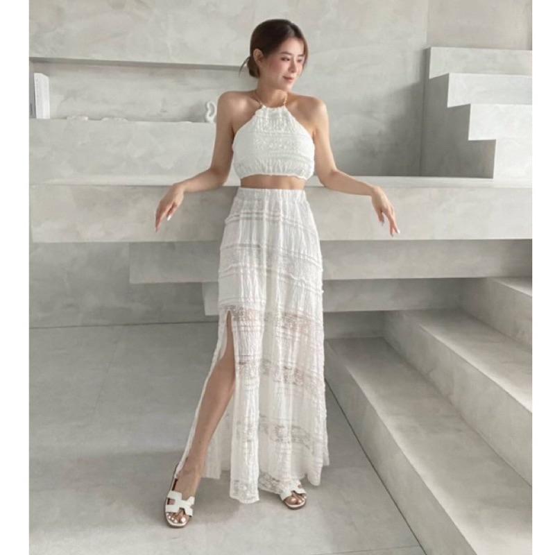 YAN女裝現貨！漫步夏日 蕾絲雕花上衣+長裙兩件套 渡假 長裙兩件套 蕾絲雕花 沙灘洋裝 度假洋裝 蕾絲套裝-細節圖5